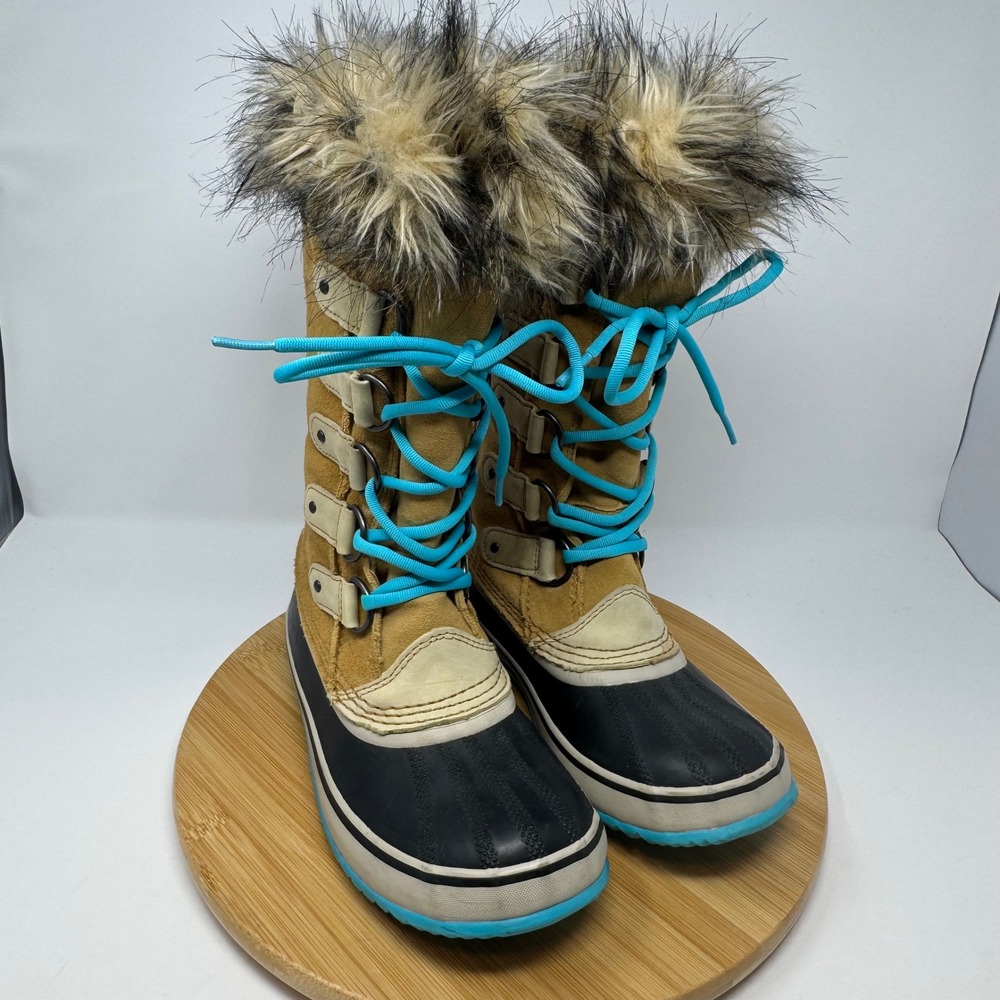 Sorel Joan of Arctic Boots Womens 7 Tan Blue Faux Fur Waterproof NL1540-373 Snow